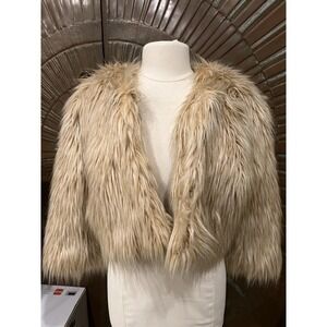 Honey Beige Shaggy Glam Faux Fur Cropped Bolero Jacket Open Front Coat Lined